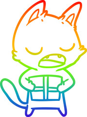rainbow gradient line drawing of a talking cat cartoon
