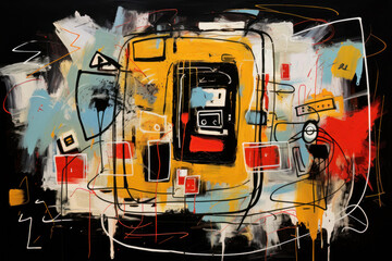 Painting of an abstract and colorful drawing of a mobile phone. Generative AI.