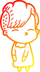 warm gradient line drawing of a cartoon squinting girl