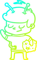 cold gradient line drawing of a friendly cartoon spaceman holding meteor