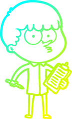 cold gradient line drawing of a cartoon curious boy taking notes