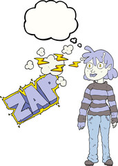 freehand drawn thought bubble cartoon casual alien girl using telepathy
