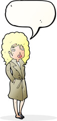 cartoon woman in trench coat with speech bubble