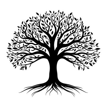 Tree with Root Silhouette vector isolated on a white background, A Tree root logotype silhouette