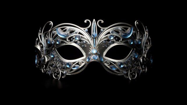 Blue and silver carnival mask with patterns on a black background