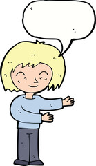 cartoon woman gestureing welcome with speech bubble