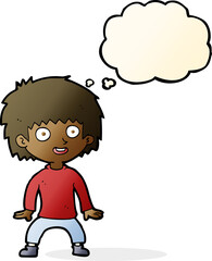 cartoon excited boy with thought bubble