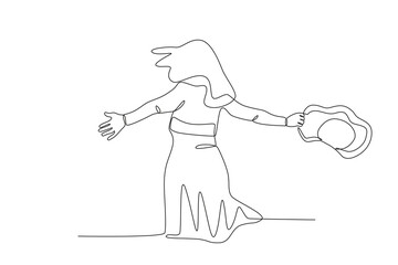 Back view of a happy woman welcoming spring. Spring one-line drawing