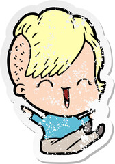 distressed sticker of a cartoon happy hipster girl