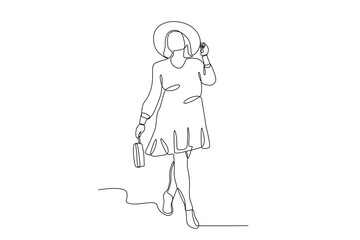 A woman dressed in spring clothes. Spring one-line drawing