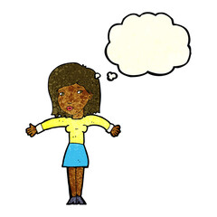 cartoon woman shrugging shoulders with thought bubble