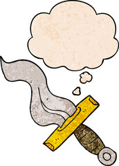 cartoon dagger with thought bubble in grunge texture style