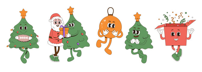 Set of Christmas groove stickers. Cute retro characters.