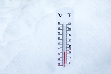 Outdoor thermometer in snow shows low winter temperature