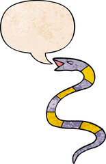 hissing cartoon snake with speech bubble in retro texture style