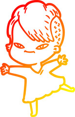 warm gradient line drawing of a cute cartoon girl with hipster haircut