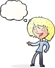 cartoon woman laughing and pointing with thought bubble