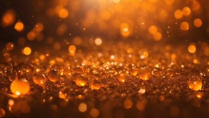 Abstract Background with Warm Amber and Sunset Orange Particles. Gleaming Tangerine Bokeh Lights on Amber Canvas. Tangerine Foil Texture, Reflecting Holiday Warmth.