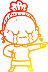 warm gradient line drawing of a cartoon crying old lady