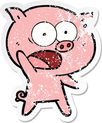 distressed sticker of a cartoon pig shouting