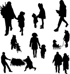 Set png silhouettes of people. 
Winter walks before Christmas and New Year, a child on a sled