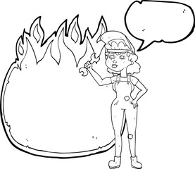 freehand drawn speech bubble cartoon woman with spanner