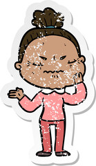 distressed sticker of a cartoon annoyed old lady