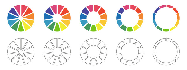 Set of donut charts, pies segmented on 11 equal parts. Diagrams infographic multicolored collection. Wheels divided in eleven sections. Circle section graph. Pie chart round icon. Loading bar. Vector. - obrazy, fototapety, plakaty