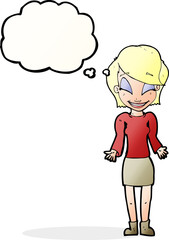 cartoon happy woman shrugging shoulders with thought bubble