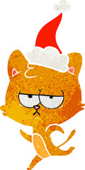 bored hand drawn retro cartoon of a cat wearing santa hat