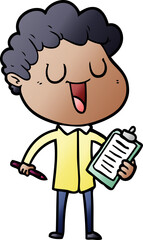 laughing cartoon man with clipboard and pen