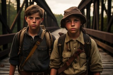 Fototapeta premium Two boys standing on a wooden bridge with backpacks and looking away. International Boy Scout Day Concept