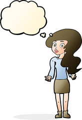 cartoon woman shrugging shoulders with thought bubble