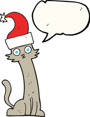 freehand drawn speech bubble cartoon cat in christmas hat