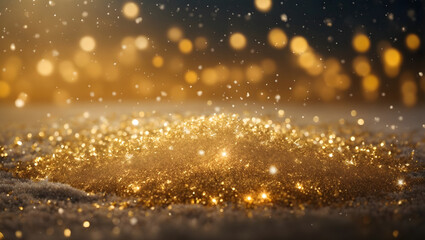 Fototapeta na wymiar Glistening Gold Glitter with Luminous Snowflakes in Winter Wonderland Abstract Background.