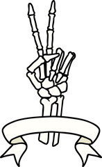 traditional tattoo with banner of a skeleton giving a peace sign