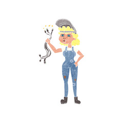 freehand retro cartoon electrician woman