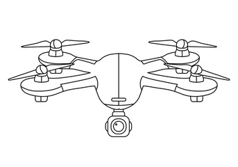Vector illustration of quadcopter aerial drone with camera for photography, video surveillance or delivery isolated on white background in linear style