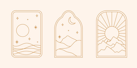 Vector set of linear boho frames with mountains, landscapes, deserts or sea. Travel emblems, symbols in trendy minimal bohemian and oriental style for social media, invitations, branding, stories - obrazy, fototapety, plakaty