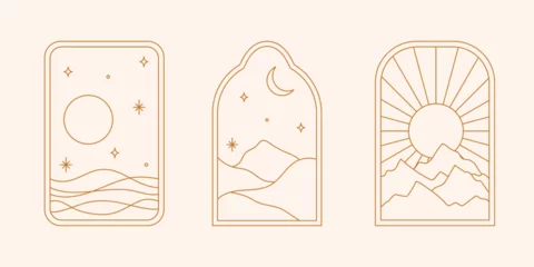 Fotobehang Vector set of linear boho frames with mountains, landscapes, deserts or sea. Travel emblems, symbols in trendy minimal bohemian and oriental style for social media, invitations, branding, stories © eireenz