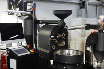 Background image of machine equipment set in coffee roastery, copy space