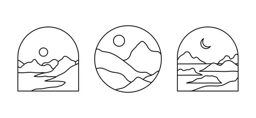 Vector set of linear boho illustrations with mountains, landscapes, deserts or sea. Travel emblems, symbols in trendy minimal bohemian and oriental style for social media, invitations, branding