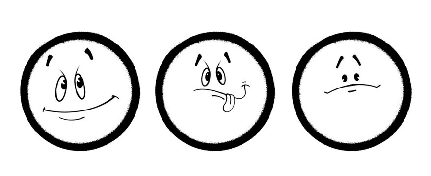 Three graffiti emoticons. Smiling face painted spray paint. Vector illustration on white background