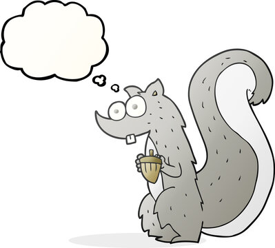 freehand drawn thought bubble cartoon squirrel with nut