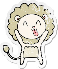 distressed sticker of a happy cartoon lion