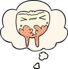 cartoon bad tooth with thought bubble in comic book style