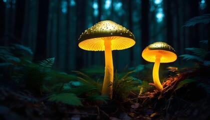 Golden neon mushroom glowing in a dark forest - bioluminescent mushrooms. Bioluminescence. Beauty of nature. Magical mushrooms