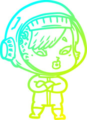 cold gradient line drawing of a cartoon astronaut woman