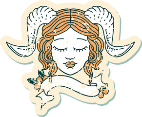 Retro Tattoo Style tiefling character face with scroll banner