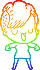 rainbow gradient line drawing of a cute cartoon girl with hipster haircut